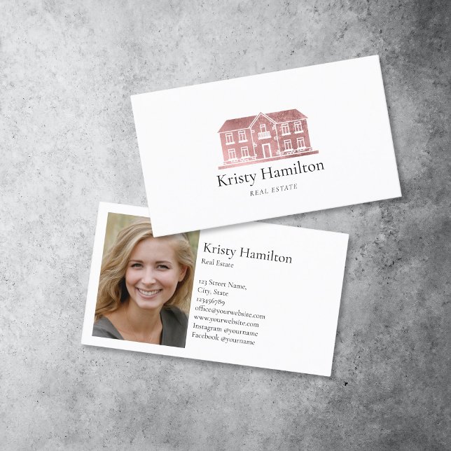 elegant professional real estate house photo business card (elegant rose gold house logo business card for realtors with a photo)