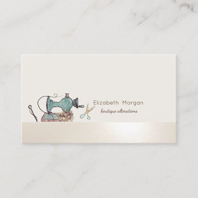 Elegant Professional Sewing Machine Scissors Cream Business Card (Front)