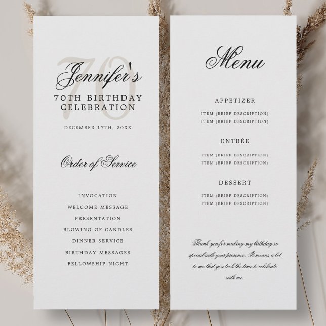 Élégant Programme 70e Anniversaire Blanc Noir Menu (Elegant 70th Program White Black Menu+Thank You)