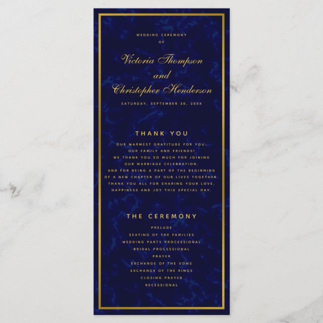 Élégant programme de cérémonie de Mariage bleu et  (Devant)