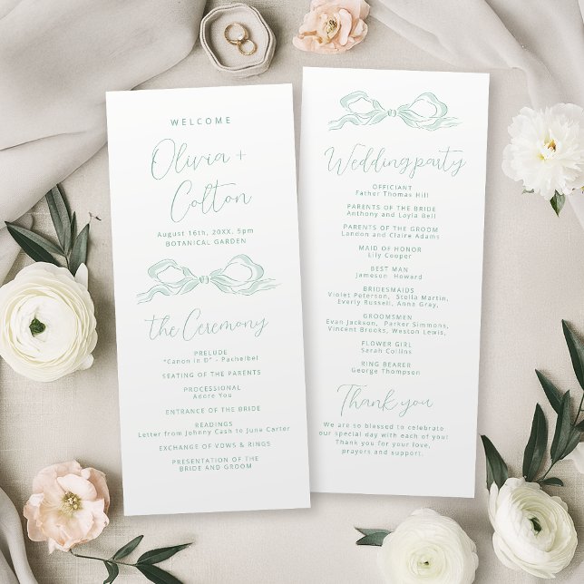 Élégant programme de mariage à l'arc en vert clair (Elegant Light Green Hand Drawn Bow Wedding Program)