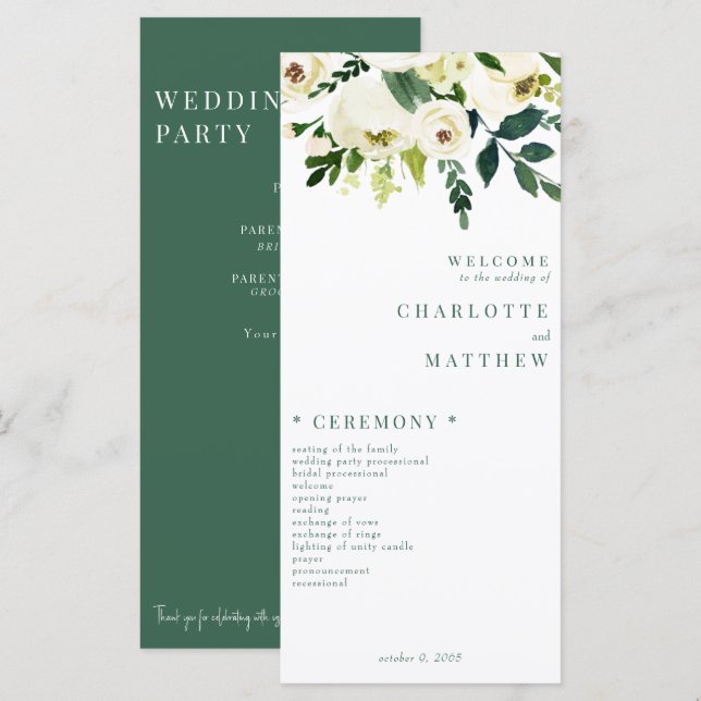 Élégant programme de mariage blanc floral vert et  (Devant / Derrière)