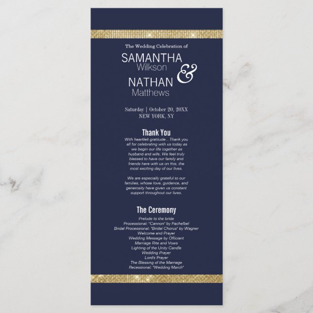 Élégant programme de mariage bleu or de la marine  (Devant)
