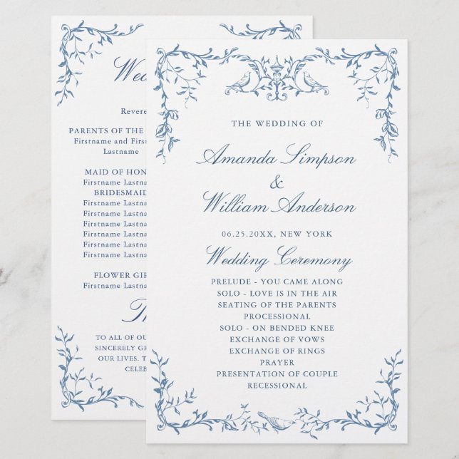 Élégant programme de mariage bleu orné victorien (Devant / Derrière)