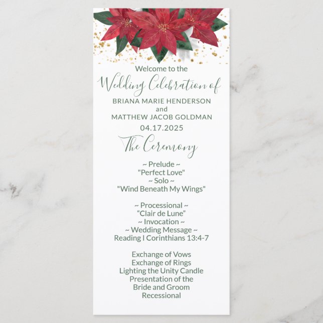 Élégant programme de mariage de Noël vert Poinsett (Devant)