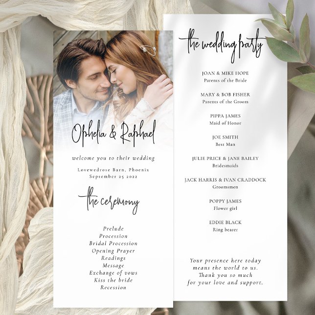 Élégant programme de mariage de script de superpos (Front and back view)