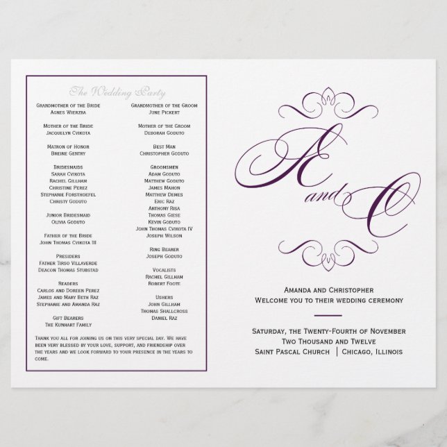 Élégant programme de mariage de script - Eggplant  (Devant)