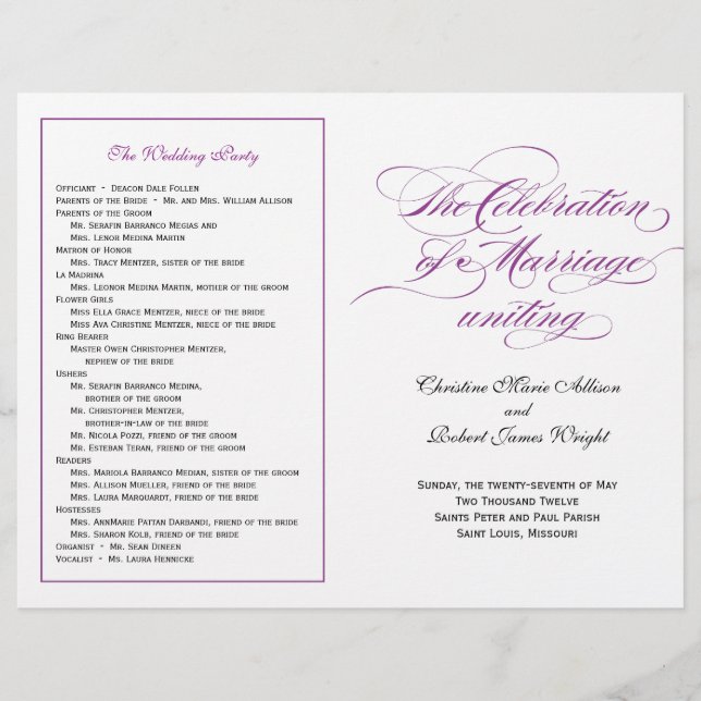 Élégant programme de mariage de script - violet (Devant)