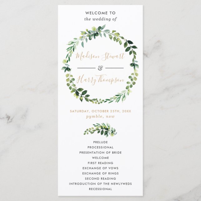 Élégant programme de mariage de typographie verte (Devant)