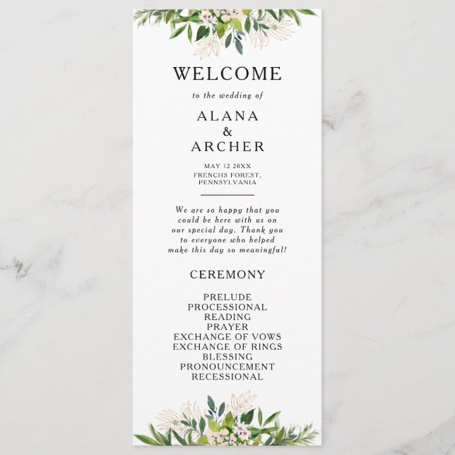 Élégant programme de mariage de verdure d'olive (Devant)