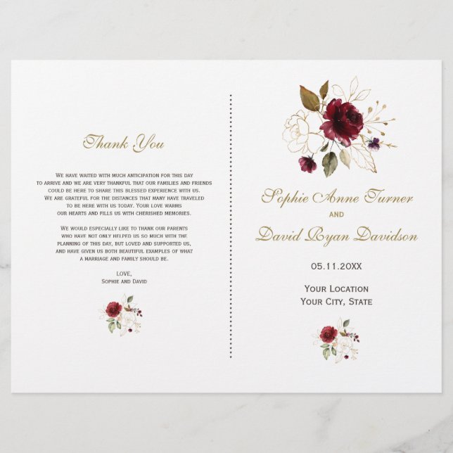 Élégant programme de mariage des fleurs d'or de Bo (Devant)