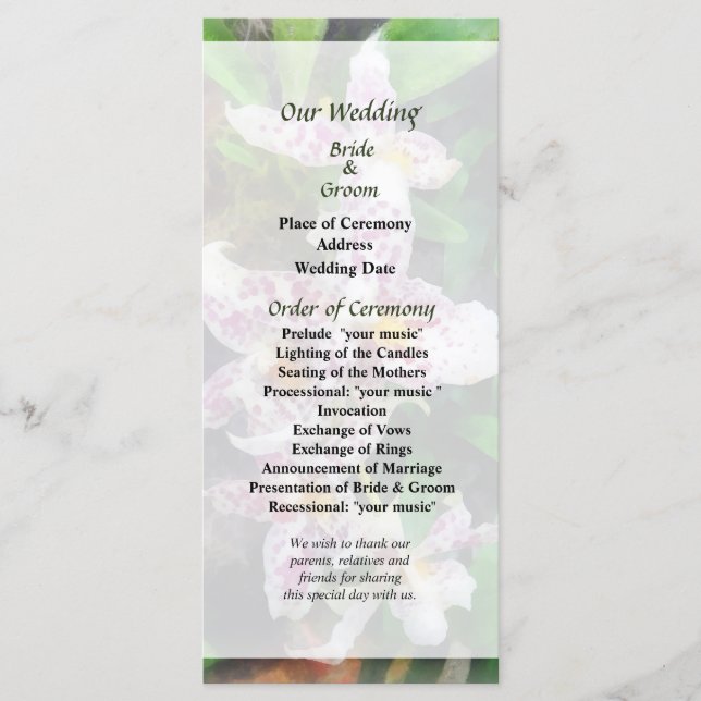 Élégant programme de mariage des orchidées de Beal (Devant)