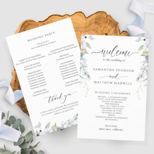 Élégant programme de mariage floral blanc et bleu