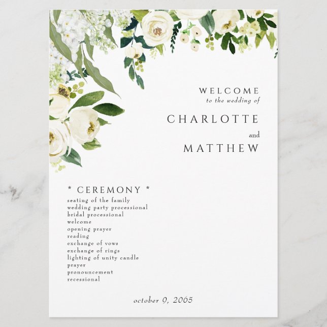 Élégant programme de mariage floral blanc II (Devant)