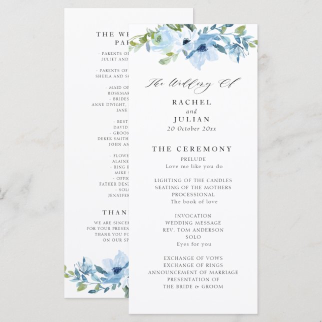 élégant programme de mariage floral bleu clair (Devant / Derrière)