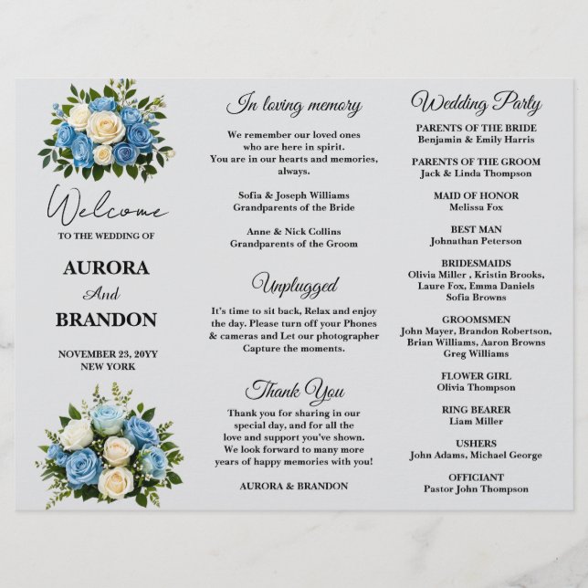 Élégant programme de mariage floral bleu et blanc (Devant)