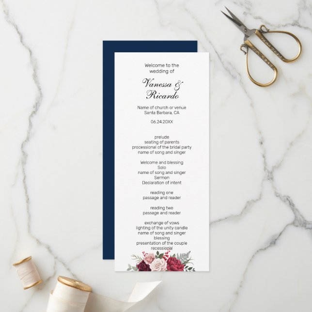 Élégant programme de mariage floral bleu marine bo (Devant/Arrière en situation)