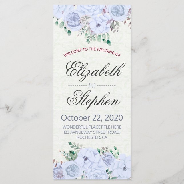 Élégant programme de mariage floral d'aquarelle bl (Devant)