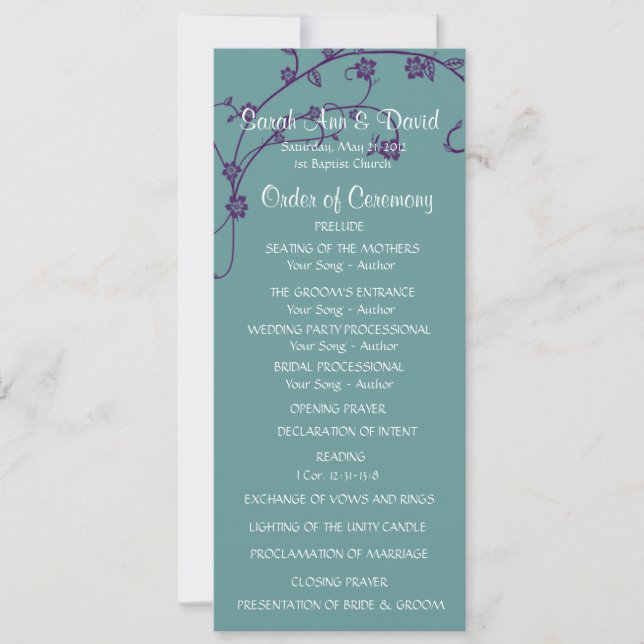 Élégant programme de mariage floral violet et turq (Devant)