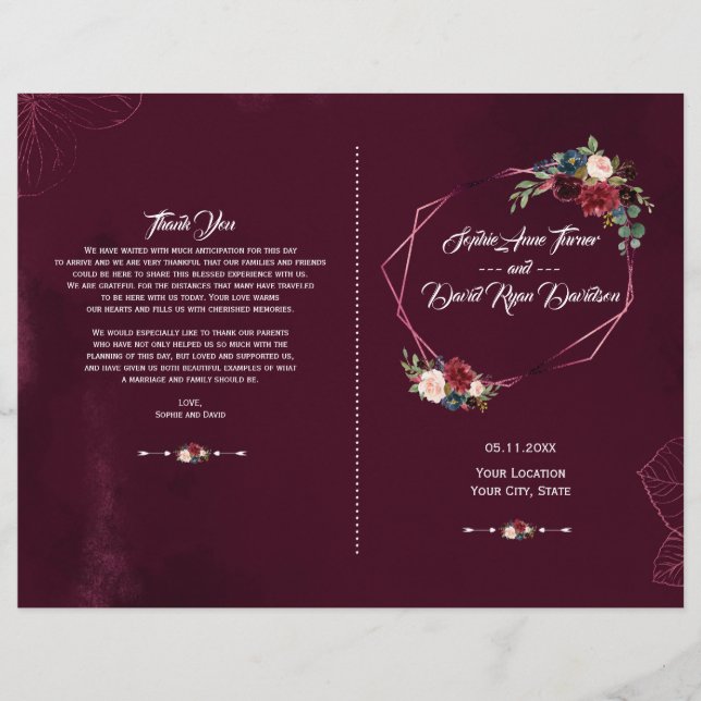 Élégant programme de mariage géométrique floral de (Devant)