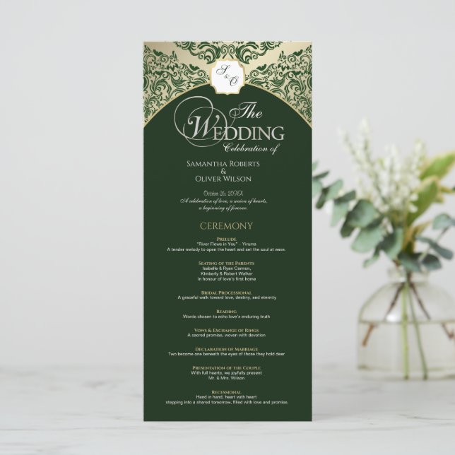 Élégant programme de mariage Green & Gold Monogram (Debout devant)