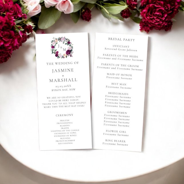 Élégant programme de mariage monogramme floral bor (wedding program burgandy floral monogram )