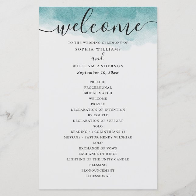 Elégant programme de mariage nautique bleu aquarel (Devant)