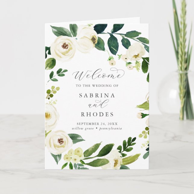 Élégant programme de mariage plié à fleurs blanche (Devant)