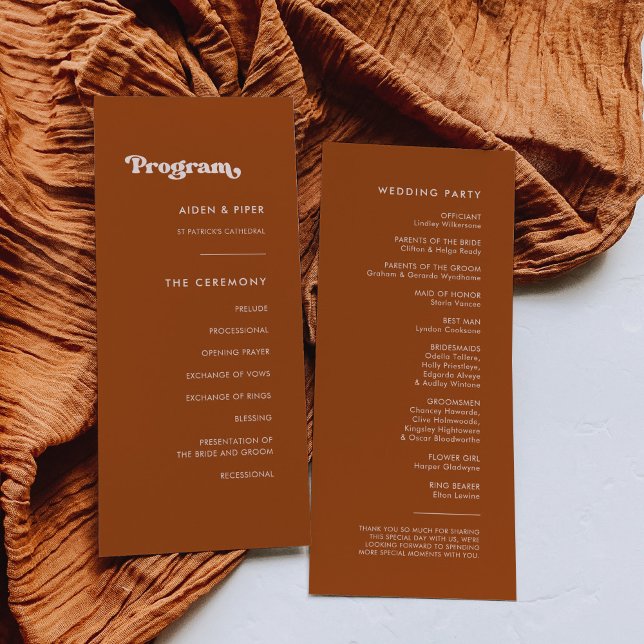 Élégant programme de mariage rétro brûlé orange (Créateur téléchargé)