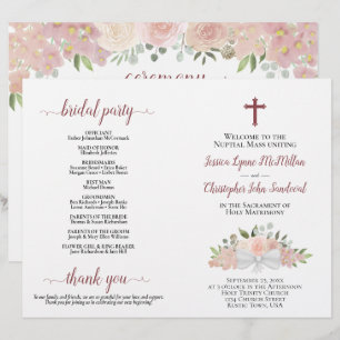 Élégant programme de mariage rose floral catholiqu