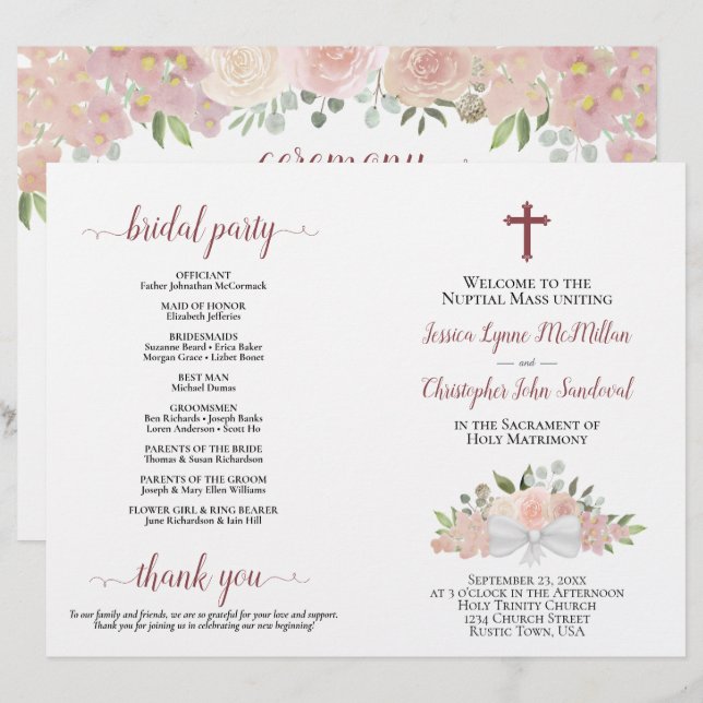 Élégant programme de mariage rose floral catholiqu (Devant / Derrière)