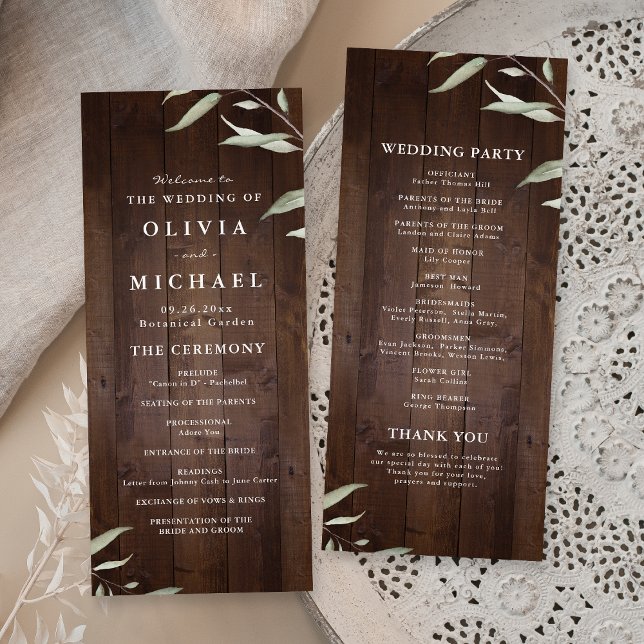 Élégant programme de mariage rustique en bois de g (Elegant greenery barn wood rustic wedding program)