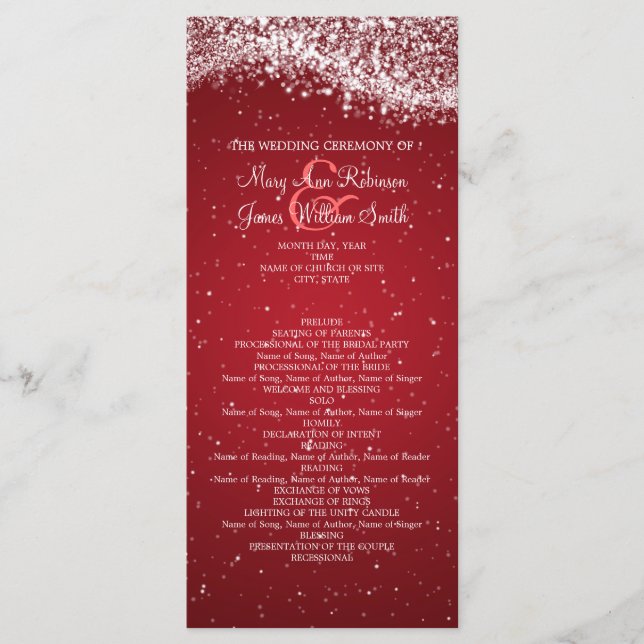 Élégant programme de mariage Sparkling Wave Red (Devant)