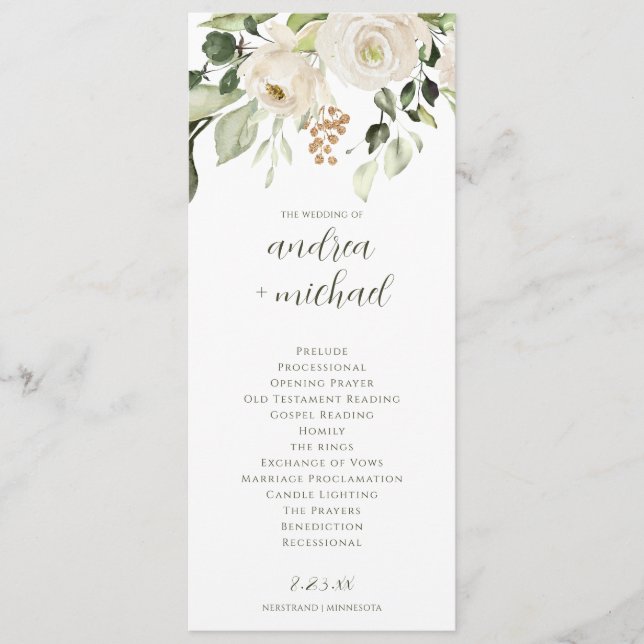 Élégant programme de mariage Vert Floral blanc (Devant)
