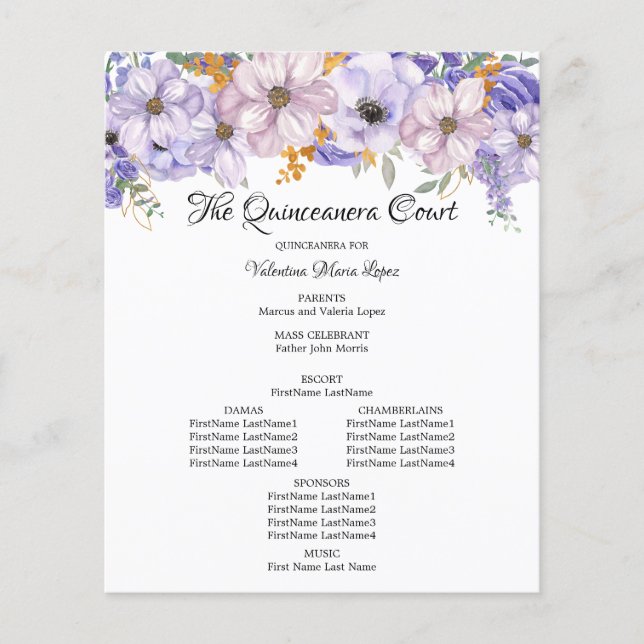 Élégant Programme de Quinceanera Floral Gold Purpl (Devant)