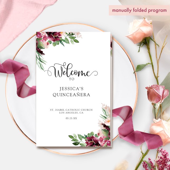 Élégant programme de Quinceañera Floral Maroon de  (Créateur téléchargé)