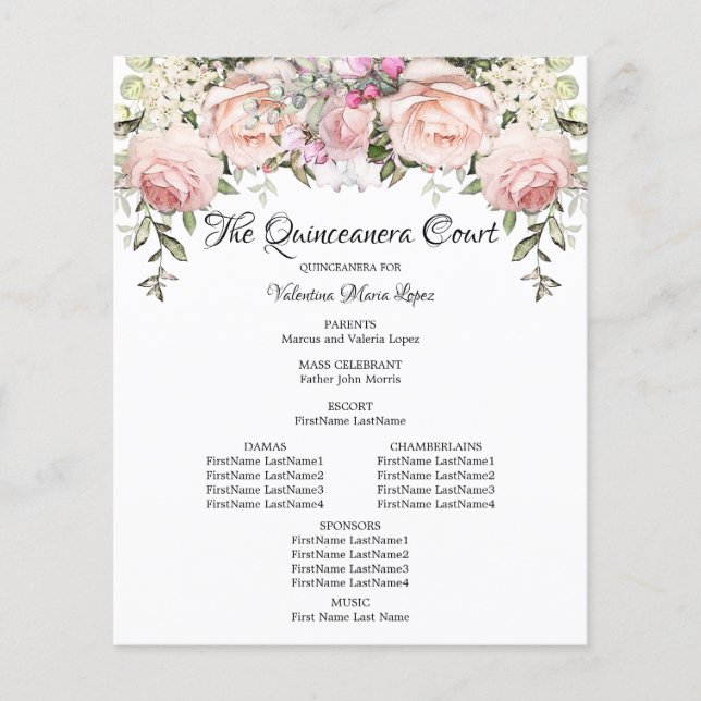 Élégant Programme de Quinceanera Floral Rose (Devant)
