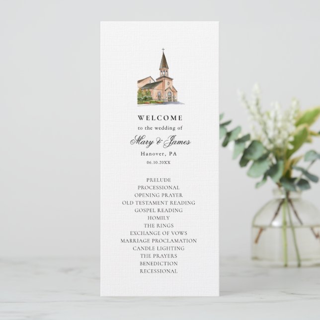 Élégant programme plat Mariage de l'église aquarel (Debout devant)