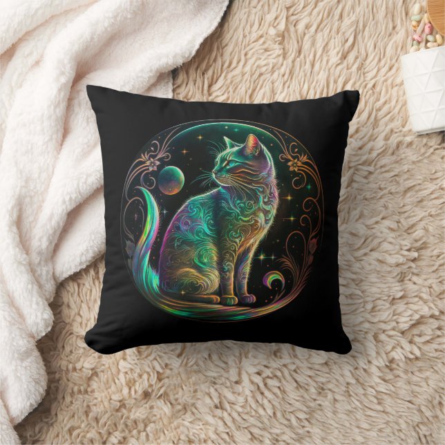 Elegant Psychedelic Cat Modern Artwork | Throw Pillow (Blanket)
