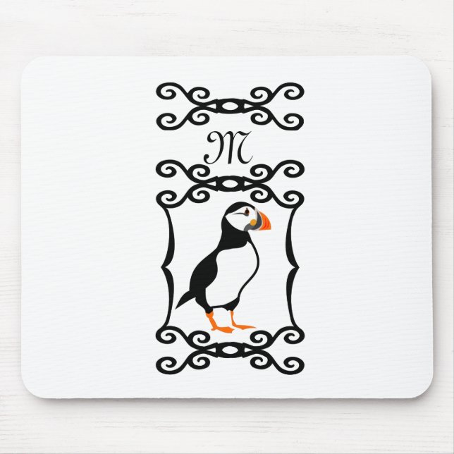 Elegant Puffin in a French Iron Frame Monogram Mouse Pad (Front)