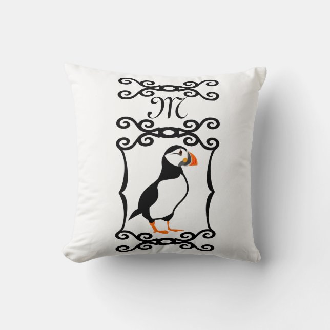 Elegant Puffin in a French Iron Frame Monogram Throw Pillow (Front)