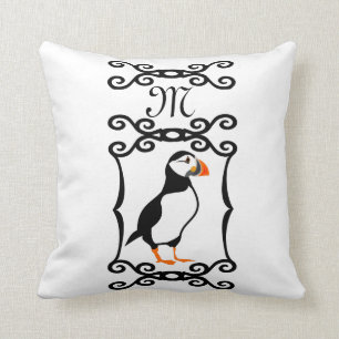 Elegant Puffin in a French Iron Frame Monogram Throw Pillow