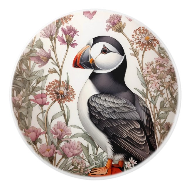 Elegant Puffin William Morris Inspired Floral Ceramic Knob (Front)