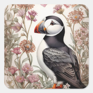 Elegant Puffin William Morris Inspired Floral Square Sticker
