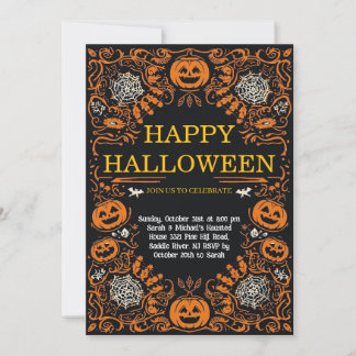 Elegant Pumpkin & Cobweb Halloween Costume Party Invitation