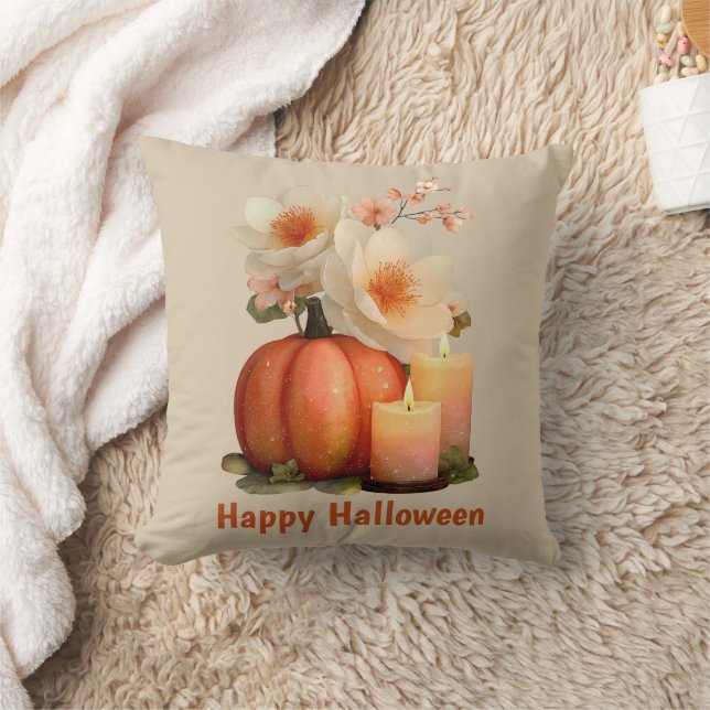 Elegant Pumpkin & Flowers Halloween Throw Pillow (Blanket)