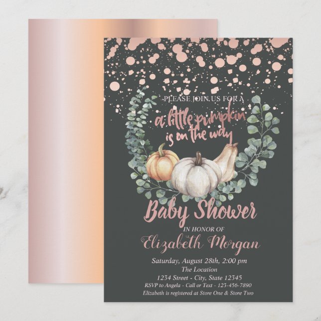 Elegant Pumpkin,Leaves,Rose Gold Baby Shower Invitation (Front/Back)