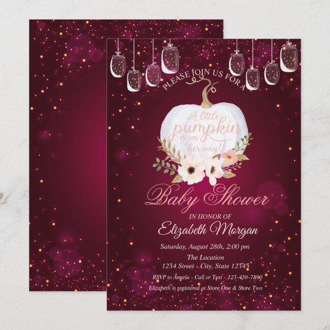 Elegant Pumpkin,Lights,Floral Burgundy Baby Shower Invitation (Front/Back)