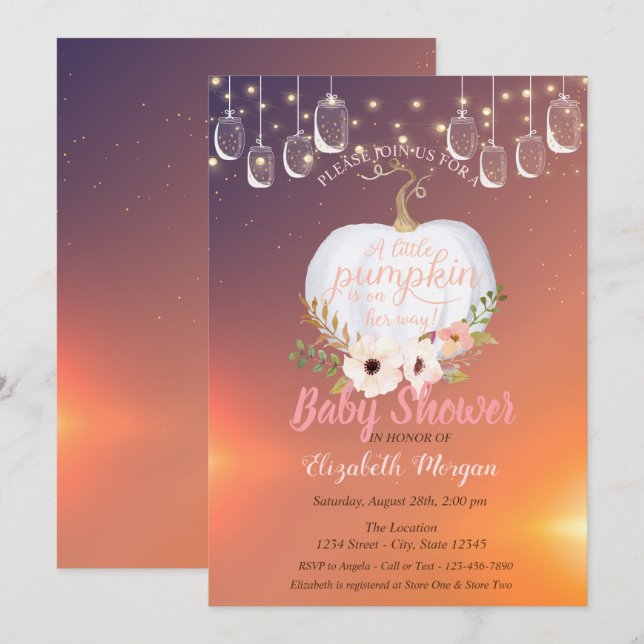 Elegant Pumpkin,Lights, Floral Texture Baby Shower Invitation (Front/Back)