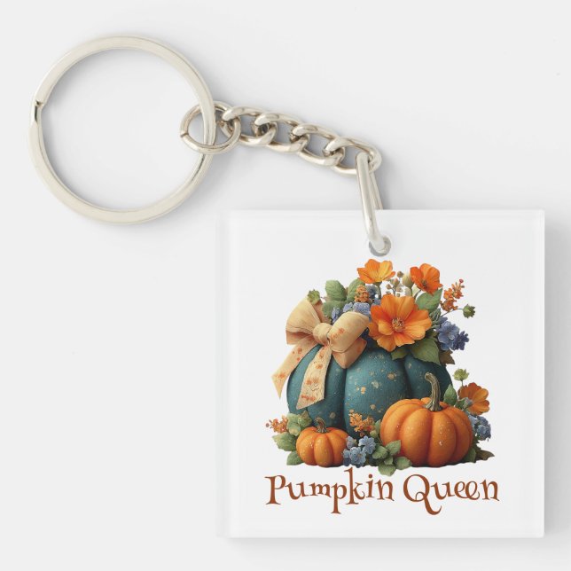 Elegant Pumpkin Queen Floral Halloween Art Keychain (Front)